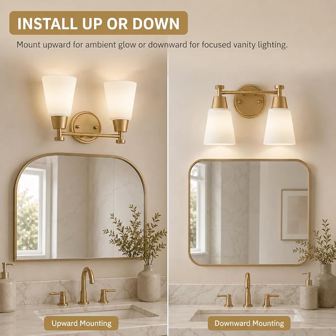 2 Light BathroomVanity Lights, Brushed Gold Wall Sconce Light with Frosted Glass, Bathroom Over Mirror Light Fixtures for Living Room, Bedroom, Hallway