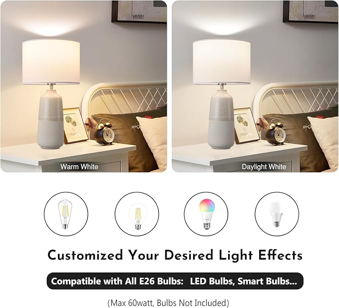 BrightWe Tall Ceramic Table Lamp Set of 2, White Lamps for Bedroom Farmhouse Rustic Lamp Set Bedside Nightstand Lamps Set of Two Side Table Lamps for Living Room, 22IN