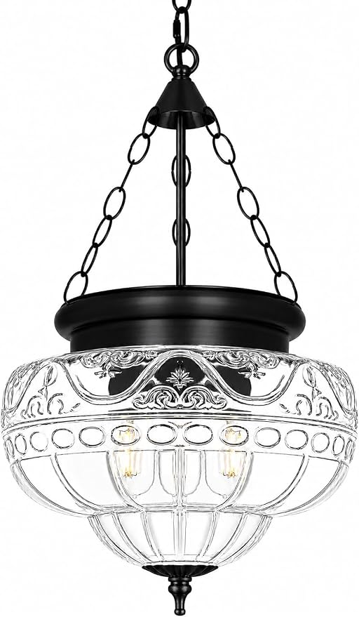 3-Light Matte Black Pendant Lights with 12In Floral Glass, Penant Lighting Fixture with Adjustable Chain, Vintage Pendant Lights Kitchen Island, Hanging Light Fixtures for Dining Room Entryway, E26*3
