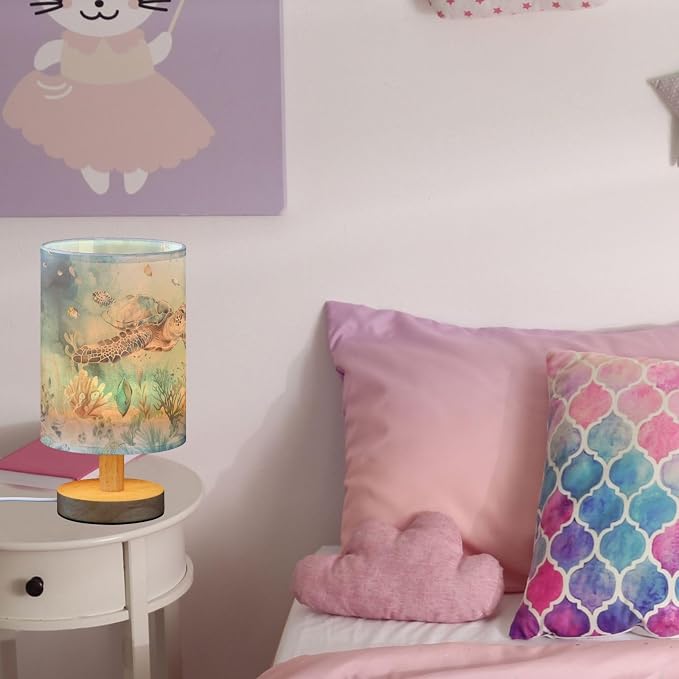 Undersea Turtle Marine Life Fish Coral Table Lamp for Bedroom USB Port Lamps Small Accent Table Lamp Nightstand Lamp Study Linen Shade with Wooden Base Lamps for Bedside Reading|Kids|Dorm|Home