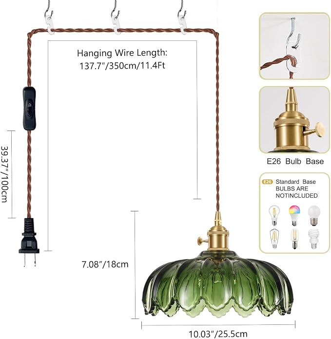 XZHGCEE Plug in Pendant Light Fixtures: Hanging Light Plug in Green Glass Hanging Lamp, Pendant Lighting for Kitchen Island, Bedroom, Dining Room, Living Room, E26 No Bulb