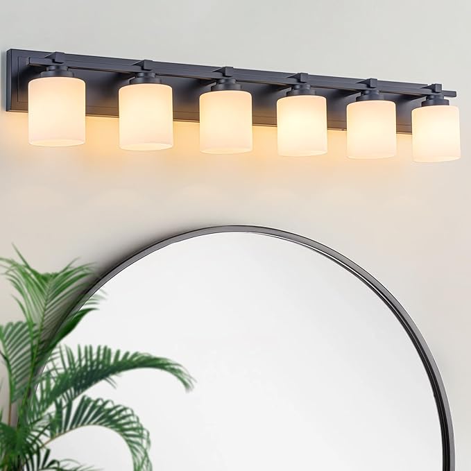 Modern Bathroom Light Fixtures Over Mirror, Vanity Lights for Bathroom Wall Sconces with Milky White Glass Shades, E26 Socket (Bulbs Not Included), 6 Light, Black