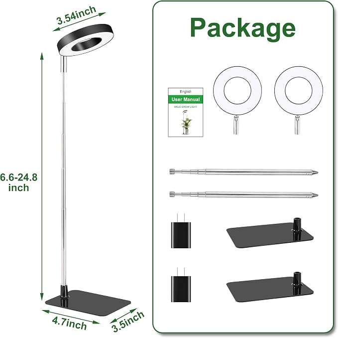 48 LEDs Full Spectrum Grow Lights for Indoor Plants, Height Adjustable, Small Black Halo Plant Light with Base, 3 Light Modes, 10 Brightness, Auto Timer 3/9/12H, 2 Pack