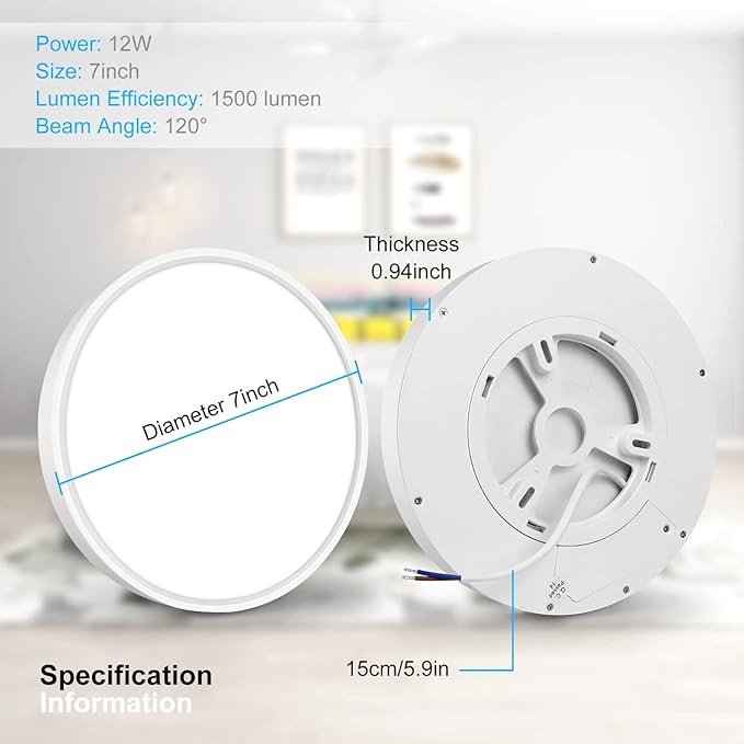 inShareplus 7-inch LED Flush Mount Ceiling Light, White 12W (120W Equiv) 6000K Cold White, Super Bright, Ultra-Thin, 1500LM Ceiling Lamp for Bedroom, Kitchen, Office, Hallway