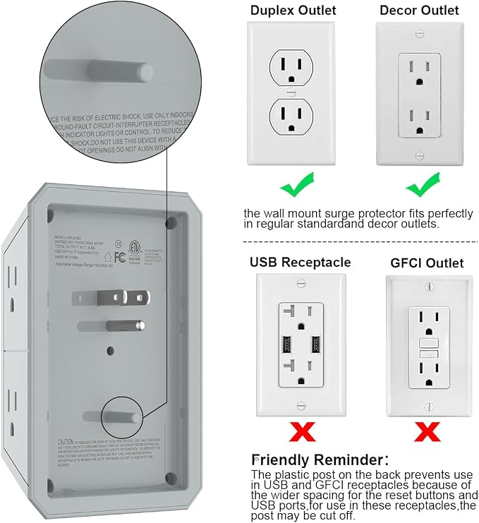 USB Wall Charger, Surge Protector, QINLIANF 5 Outlet Extender with 4 USB Charging Ports(3U1C) 3-Sided 1680J Power Strip Multi Plug Outlets Wall Adapter Spaced for Home Travel Office, Grey