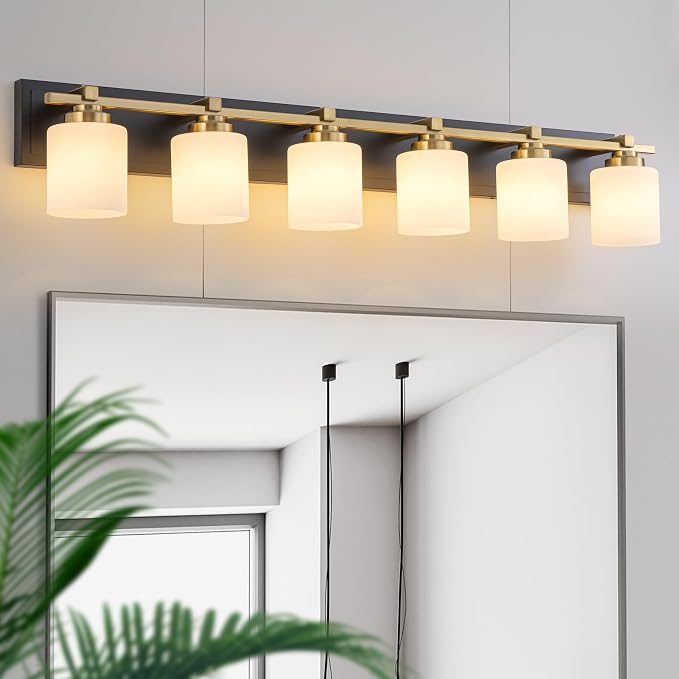 Modern Bathroom Light Fixtures Over Mirror, Vanity Lights for Bathroom Wall Sconces with Milky White Glass Shades, E26 Socket (Bulbs Not Included), 6 Light, Black Gold