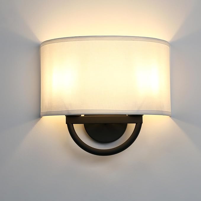 Industrial 2-Lights Wall Sconce Fixture with White Fabric Shade, Double Arm Wall Light Lamps Decor for Hallway Bedroom Living Room Bathroom Stairway