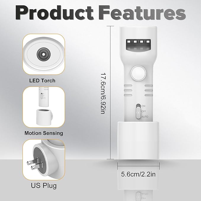 Plug-in LED Night Light Rechargeable Emergency Flashlight 2 Pack | 4-in-1 battery backup night light with a built-in motion sensor, automatically turning on during power outages