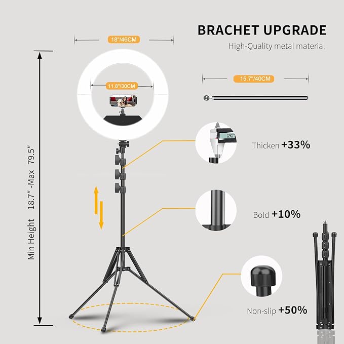 55W18 45cm Ring Light Kit [New Version] 6700K Dimmable LEDRinglightTripod Stand Dual Phone Holder for iPhone Selfie Makeup LashTattoo Studio Lighting Painting,Photo Video Recording (Black)