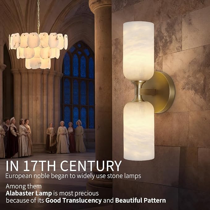 Gold Alabaster Wall Sconces Set of 2, 14in Spanish Natural Marble Sconce, Modern Stone Wall Light, Dimmable Alabaster Vanity Light Hardwired Brass Wall Lamp for Bathroom Mirror, Bedroom, Hallway