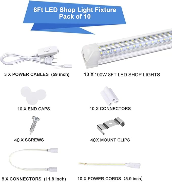 10Pack 8FT LED Shop Lights, 100W 16000LM 6500K Linkable Shop Light, High Output Clear Cover, Integrated T8 8FT LED Tube Light for Garage, Workshop, Warehouse, Barn, Plug and Play