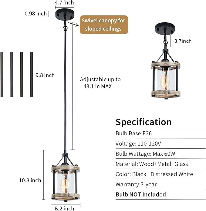 Farmhouse Pendant Light, Rustic White Wood and Metal Cage Hanging Light Fixtures with Glass, 43 Inch Adjustable for Flat and Slop Ceiling, Pendant Lighting for Kitchen Island Foyer Hallway