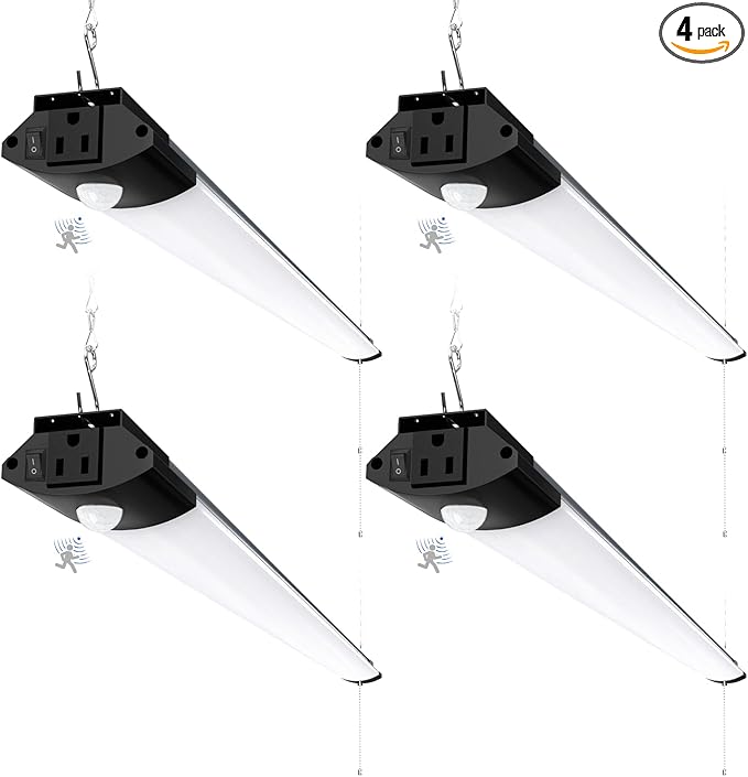 Barrina BS84 Motion Sensor LED Shop Light for Workshop 4FT, Garage Lights Plug in Fixtures, 84W, 5000K, 10000LM Motion Activated, Linkable & Hanging or Flush Mount, 4 Packs