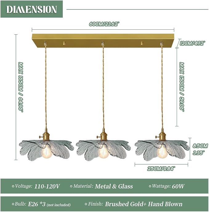 3-Light Mid Century Chandelier Dark Green Leaf Glass for Kitchen | Vintage cluster Pendant Light Fixtures, Hanging Lamp, E26 Gold Brass , flush mount Adjustable 59" For Dining room Bathroom