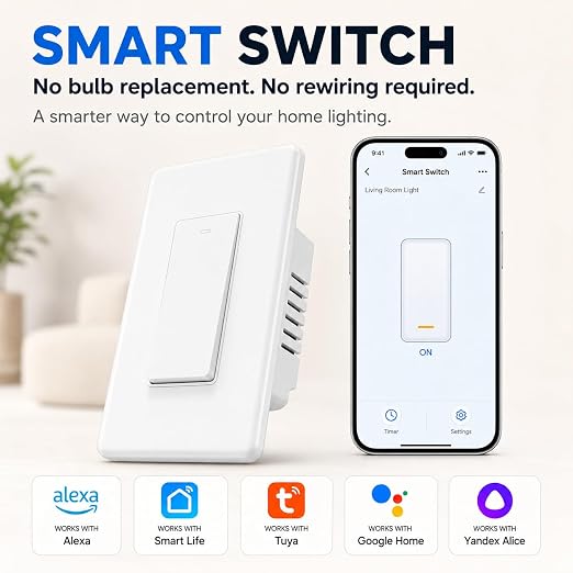 Smart Switch for Light 1 Gang, Neutral Wire Required, 2.4GHz Wi-Fi Switch Compatible with Alexa and Google Home, UL Certified