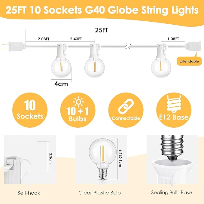 25FT G40 LED Outdoor String Lights with 10+1 Bulbs, Plug-in, White | Waterproof, Shatterproof, Dimmable, Connectable, Energy-saving, Patio Lights Porch Balcony Backyard Party Classroom Decor
