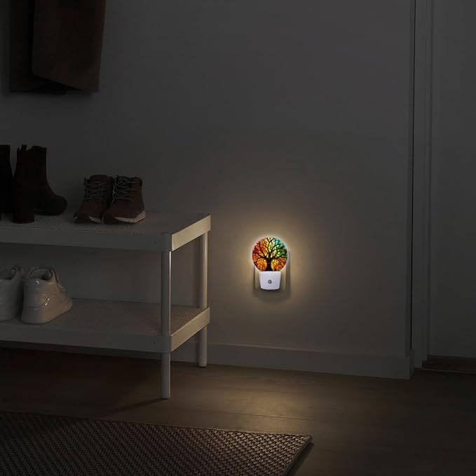 Round LED Night Lights Lamp with Dusk to Dawn Sensor, Artistic Color Panel Tree Night Light Plug Into Wall for Kids Room, Bedroom, Bathroom, Kitchen, Hallway