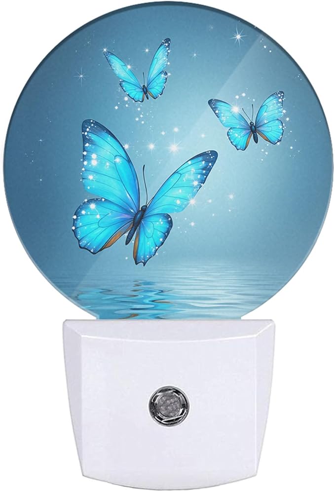 Butterflies Over Lake Nightlight Blue Magical Butterfly Morphy Wings Shine Stars Plug-in Night Light LED Auto on/Off for Women Girls Bedroom Bathroom Wall Light