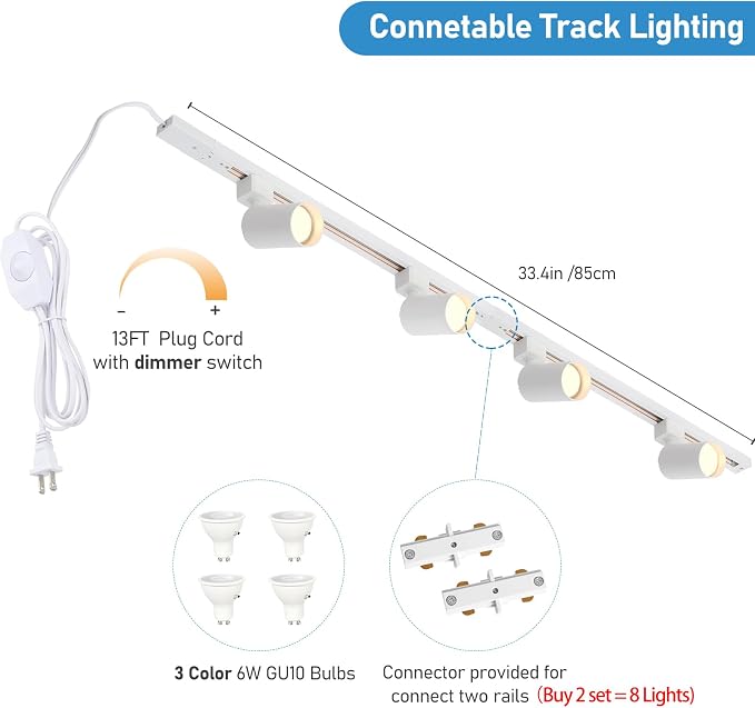 3-Color Plug in Track Lighting with Power Cord, 4-Light White | 13FT Dimmable Plug Cord | GU10 Track Lighting Kit with 32" Rail | Kitchen LED Track Lighting Fixtures Ceiling Wall Spot Light