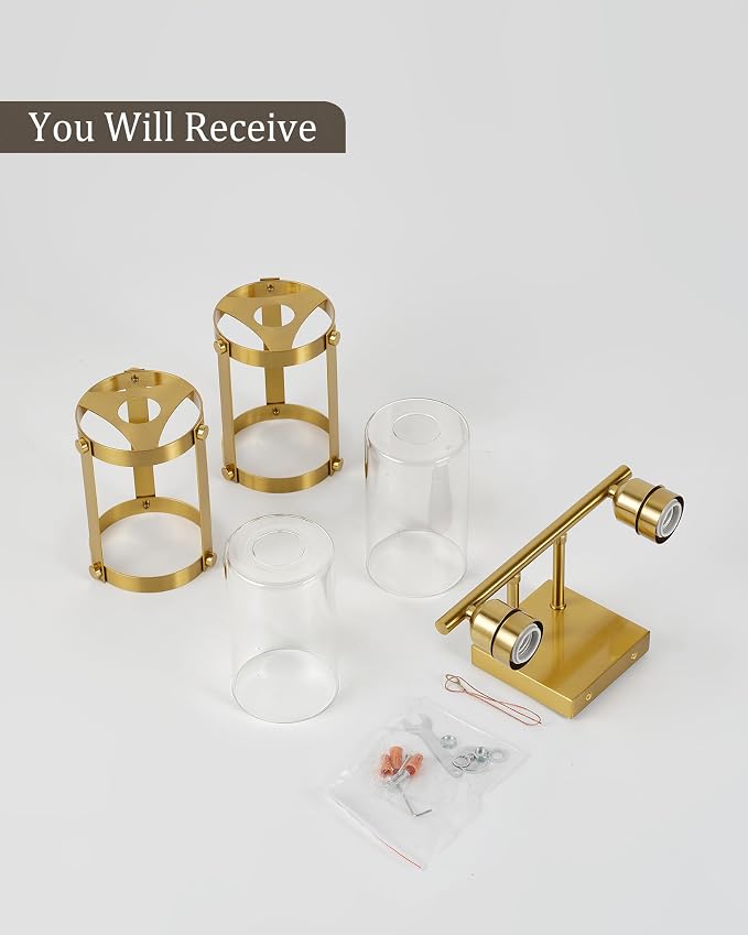 2-Light Brushed Gold Bathroom Light Fixtures, 13.8 Inch Modern Bathroom Vanity Lighting Fixtures Over Mirror with Clear Glass and Metal Cage Wall Sconce Lights for Bath, E26, OS-3014BG-2W