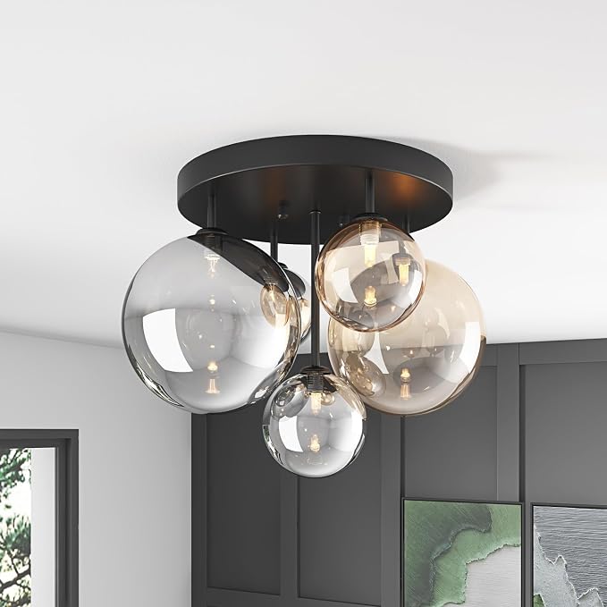 Aiwen 18" 5-Light Black Semi Flush Mount Ceiling Light, Mid-Century Modern | Flush Mount Chandelier with Globe Glass Shade, Farmhouse Ceiling Light Fixture, Cluster Chandelier for Bedroom, Dining Room