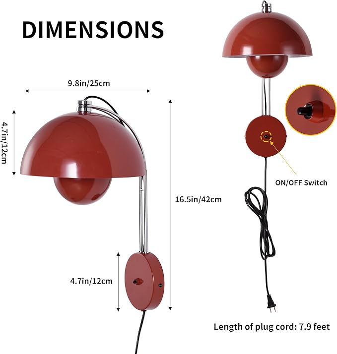 COSYLUX Mid-Century Modern Bud Plug in Wall Sconces, Rust Red | Indirect lighting reading wall lamp, all-metal construction, plug-in or hardwired install, fits bedroom bedside, living room