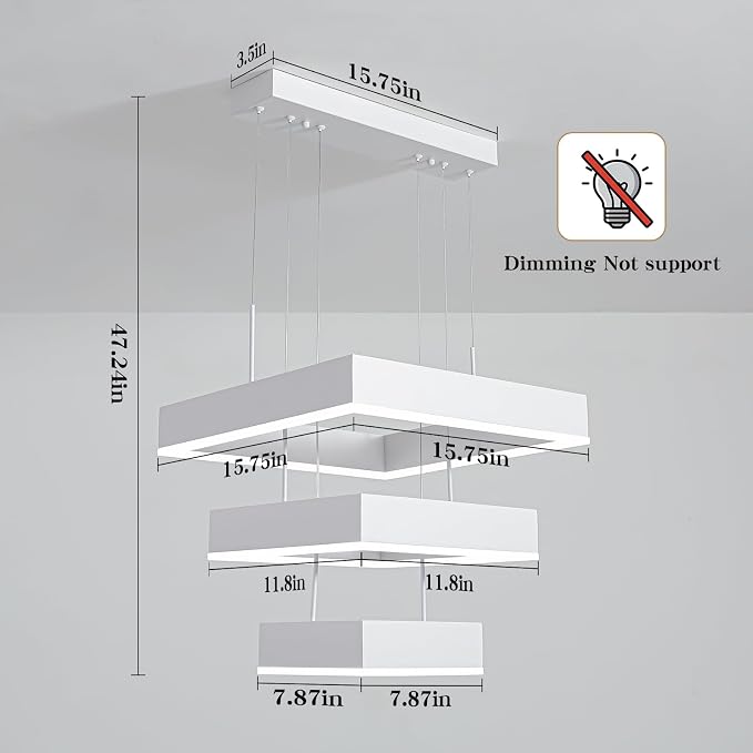 O'NEELDY Modern Chandelier White Pendant Lights Square LED Dining Room Light Fixture Height Adjustable Kitchen Island Lighting 3 Rings Flush Mount Chandeliers for Living Room,Bedroom,Dining Table