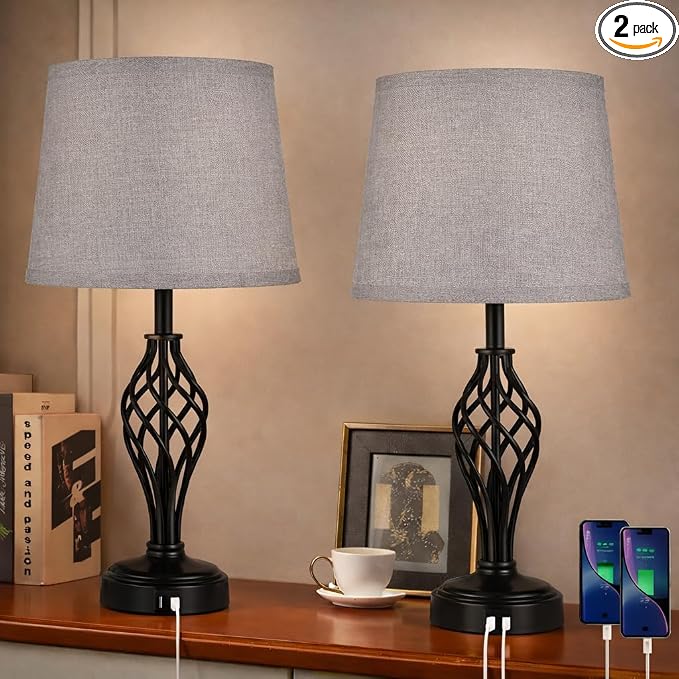 Ruiever Touch Table Lamps Set of 2, nightstand lamp with USB Ports Bedside 3 Way Touch dimmer Desk lamp for Living Room Bedroom,Black Painted Spiral cage Base Design Warm White dimmer Bulbs Included.