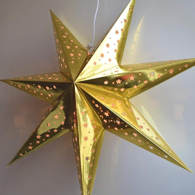 Paper Star Lantern Decoration (Galaxy Gold 7-Point Shining Star) - Perfect for Weddings, Christmas Holiday, Birthday Party Celebration & Home Decor