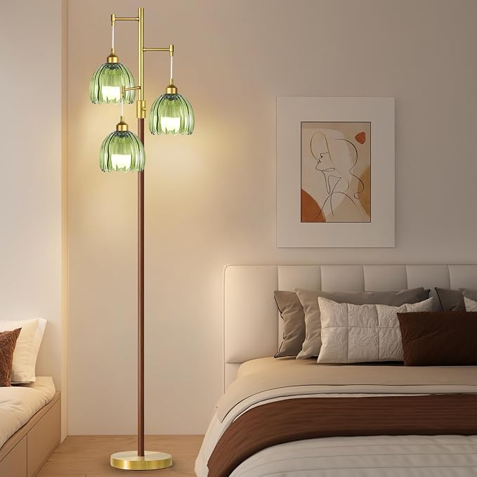 Wood Floor Lamps for Living Room Bedroom-3 Light Gold Floor Lamp with Glass Lampshape, Flower Tall Lamp Glass Mid Century Standing Lamp Vintage Tree Floor Lamp for Bedroom Corner