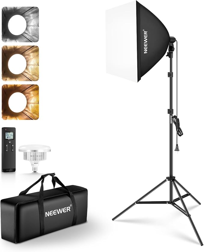 NEEWER 24"x24" Softbox Lighting Kit with Tripod Stand, 45W Bi Color 2.4G LED Bulb, 66' Remote Control 10 Channels 2900K-7000K 1400lx/1m CRI95 Studio Photography Video Recording Continuous Light, NK104 | 45W Bi Color 2.4G LED Bulb, Remote, 10 Channels, ...