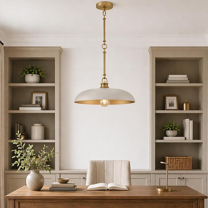 Hinkley Sadie 18" Medium Dome Pendant, Light Taupe with Lacquered Brass | Two Tone Saucer Chandelier, Includes (5) 7" Downrods, Needs a Med. LED Bulb, Adjustable Height, Dining Room, Kitchen