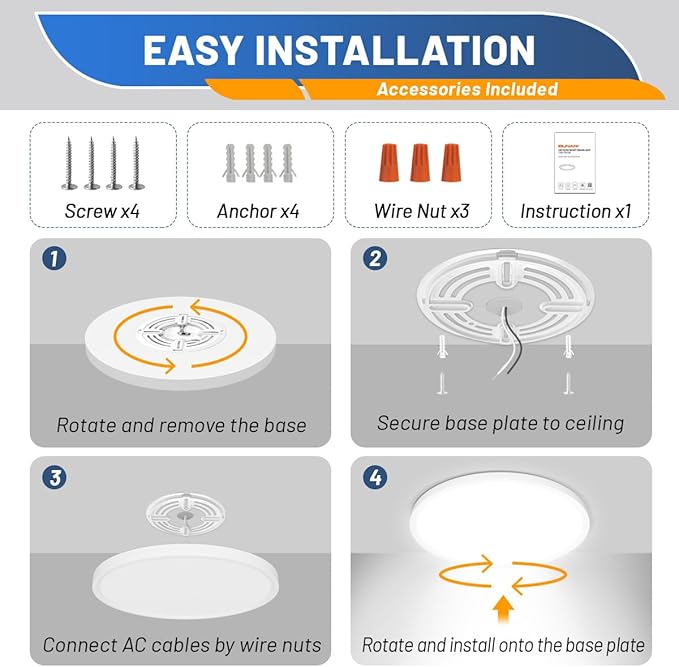 Allsmartlife Flush Mount Led Ceiling Light 2 Pack, 24W 2880lm,3000K/4000K/6500K, 12 inch Ceiling Light for Bedroom, Bathroom, Laundry Room, Kitchen