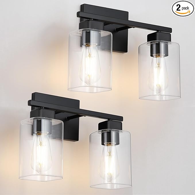 2 Pack Matte Black 2-Light Bathroom Light Fixtures,Bathroom Vanity Light Over Mirror with Square Clear Glass Shade,Modern Farmhouse Wall Sconces Lighting for Bedroom Living Room Foyer Cabinet