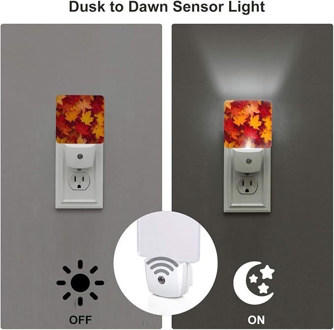 Autumn Leaves Fall LED Plug-in Night Light 2-Pack, Auto Sensor Nightlights Set of 2 for Bedroom Bathroom