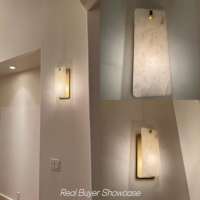 Rectangular Alabaster Wall Sconce 16 Inch, Natural Spanish Stone Brass Gold Wall Light, Modern Marble Sconces Dimmable E12 Hardwired Bathroom Vanity Light Fixture for Mirror, Bedroom, Hallway(1 Pcs)