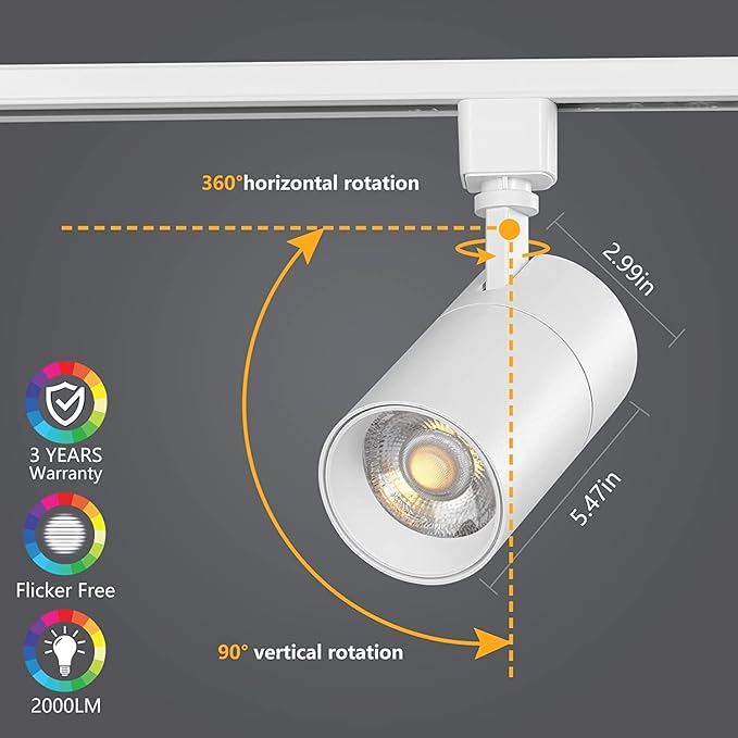 VANoopee 3-Color 20W Dimmable LED Track Lighting Heads H Type - Bright Track Light Fixtures Ceiling Spotlight for Kitchen, 3000K 4000K 5000K Selectable, Pack of 6, Flicker Free CRI90+ 36° 2000lm White