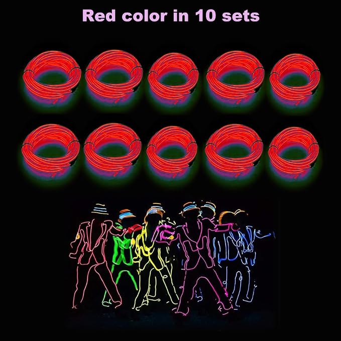 MaxLax EL Wire red 10-Pack, 16.4ft/5m Neon Light Wire with Noise Reduction and Battery Pack…