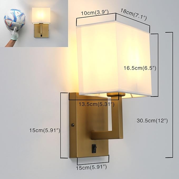 PERMO Single Wall Sconce Light Fixture Antique Finish with White Textile Shades and On/Off Switch Button Small Modern Nightstand Lamps for Bedrooms Bedside Reading