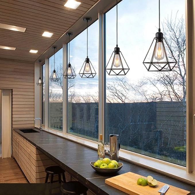 2 Pack Black Pendant Lights Kitchen Island,Farmhouse Hanging Lamp with Adjustable Cord,Small Metal Cage Hanging Ceiling Pendant Light Fixture for Dining Room,Entryway,Kitchen Island Sink,Foyer