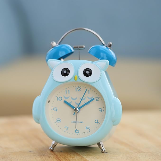 Aisi Kids Alarm Clock Cute Cartoon Owl Loud Bell Alarm Clock Non-Ticking Desk Clock with Night Light, Blue, nz-06336-04S
