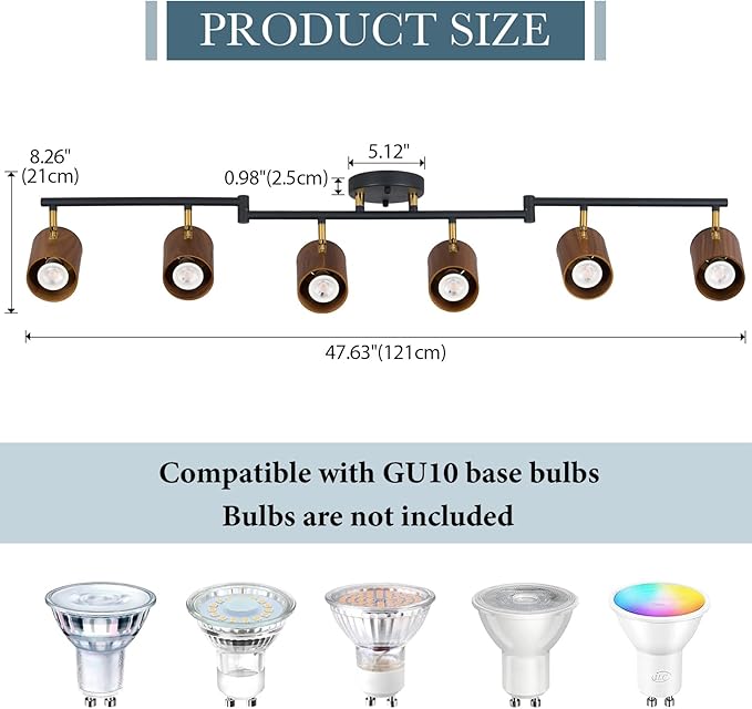 Modern 6-Light Track Lighting, 47 inch, Real Wood Adjustable Light Heads, Brass Accent, Matte Black Ceiling Track Lights for Dining Room, Living Room, Kitchen