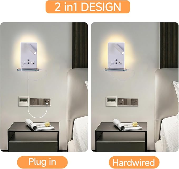 Wall Mounted Reading Light with Shelf - 3 Color Dimmable LED, 360° Adjustable Wall Lamp for Bedroom/Study, Touch Control (White)