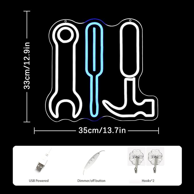 Tool Set Neon Sign Garage Neon Sign for Wall Decor LED Neon Lights for Hardware Shop USB Dimmable Neon Sign for Man Cave Workshop Garages, or Shops 12.9x13.7 Inches