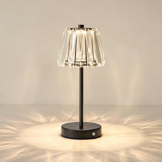 13" Small Crystal Cordless Table Lamp, Touch Rechargeable Desk Lamps | 3 Color Temps, Stepless Dimming, Black Portable Battery Operated LED Desk Lamps for Bedside, Nightstand, Kitchen, Patio, Gift