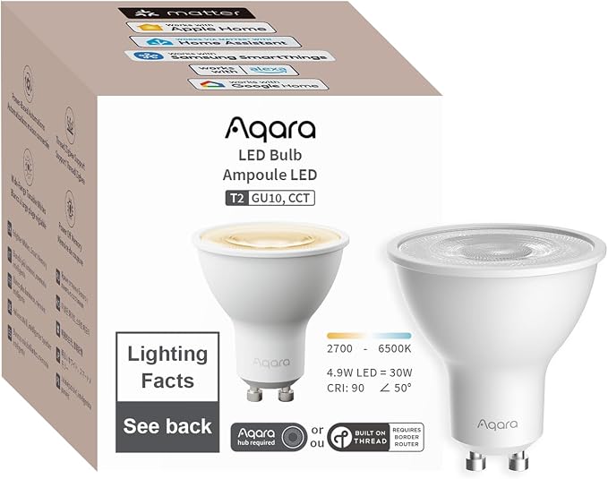 Aqara Smart LED Light Bulb T2 GU10, Tunable White (2700K-6500K) | Matter Over Thread Smart Light Bulbs, 30W Equivalent, Thread/Zigbee Protocol, Works with HomeKit Alexa Google