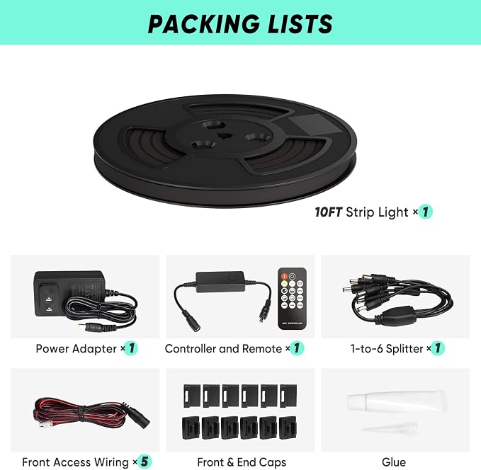 GZBtech Flexible LED Recessed Strip Light for Wood Slat Wall Panels 9.84FT, 3000K Warm White Cuttable Neon Rope Lighting with Remote Control, Dimmable IP67 Waterproof Black Strip Lights, UL Listed