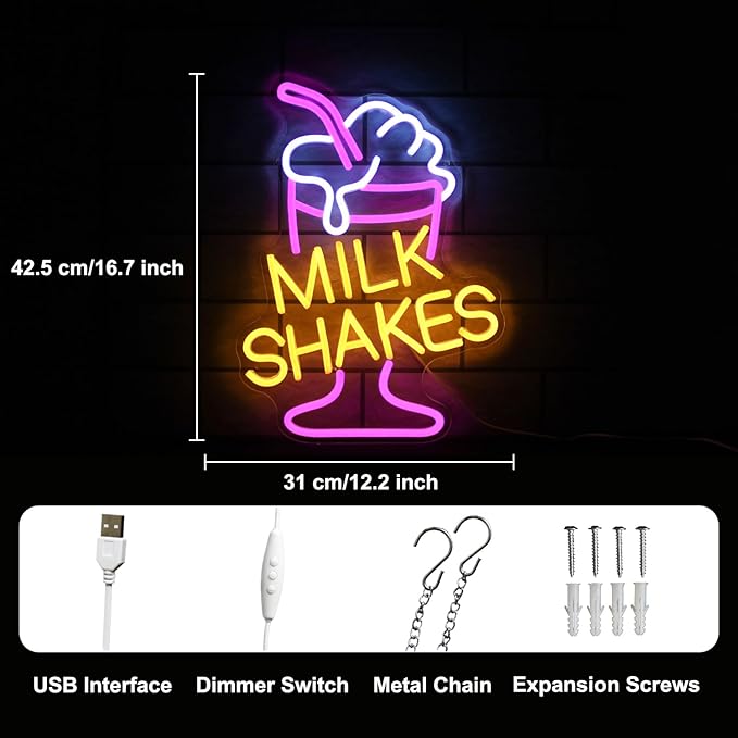 Milk Shakes Neon Signs Ice Cream Neon Light Milk Tea LED Sign Frozen Yogurt Neon Signs for Wall Food Drink Restaurant Lights Neon Wall Decor Light Up Sign for Dessert Shop Bar Decor