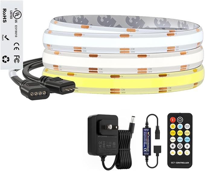 BTF-LIGHTING UL Listed Tunable White 3000K-6000K COB LED Strip Light with RF Remote,CRI 90+ DC12V 9.8FT Dimmable CCT Ultra Bright LED Tape Light for Home Kitchen Cabinet Office Indoor DIY Lighting