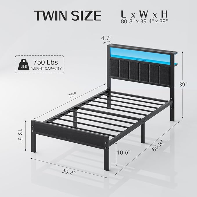 OLEVS Twin Bed Frame with LED Lights & USB Outlets, Platform Twin Bed with Storage Headboard, No Box Spring Needed, Easy Assembly